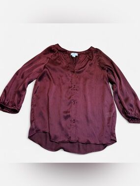 CeCe Wine Satin Button-Front Semi Sheer Blouse